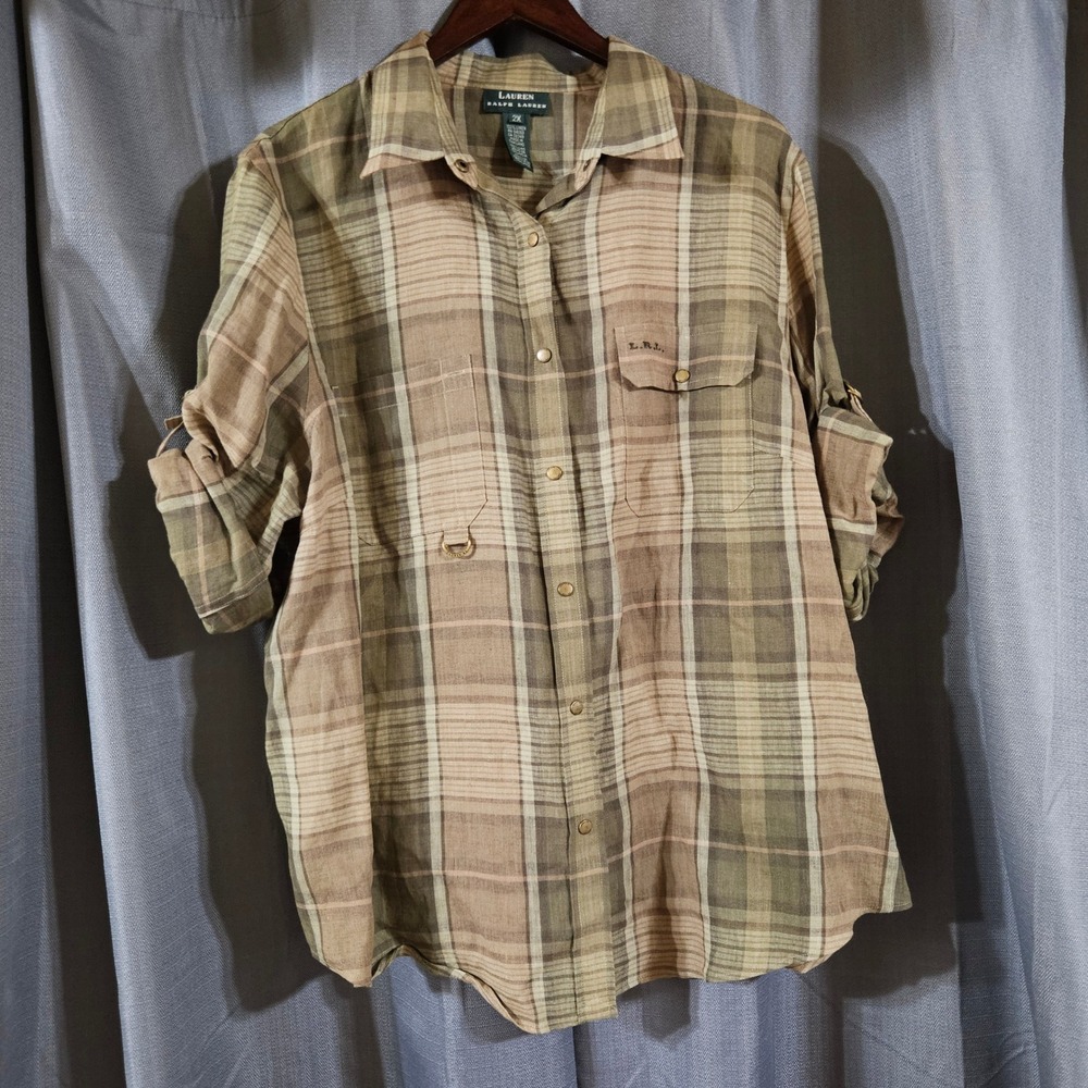 Vintage Lauren Ralph Lauren 100% Linen Plaid Roll‎ Tab Shirt Olive Tan Women 2X